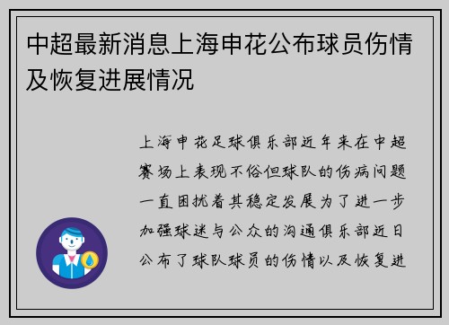 中超最新消息上海申花公布球员伤情及恢复进展情况